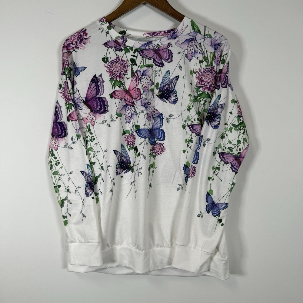 Women's Long Sleeve Shirt Large Butterfly Purple Fairy Whimsical‎